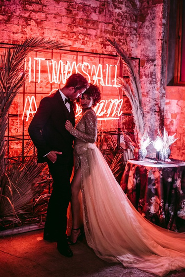 Moody neon-lit reception